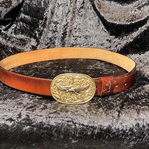 Vintage Brown Leather Belt with Eagle art and Gold Buckle